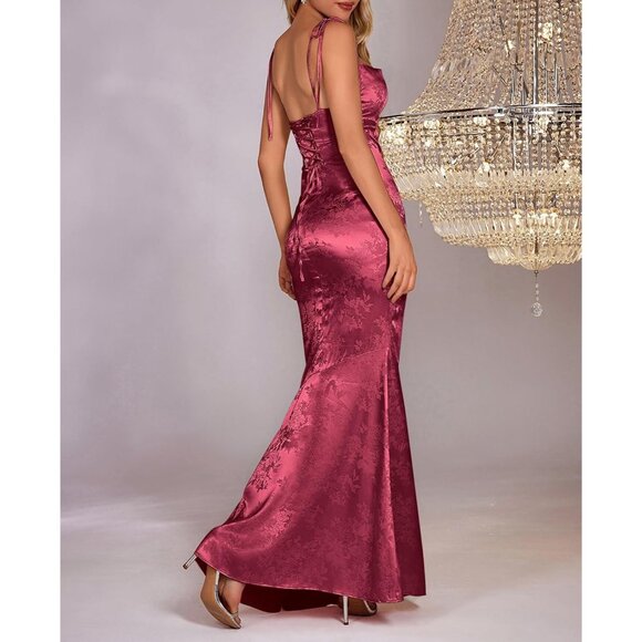 Women's Wine Satin Body-con Elegant Formal Spaghetti Strap Cowl Neck Maxi Dress - Picture 3 of 5